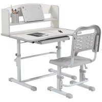ZONEKIZ Bureau enfant avec chaise, hauteur réglable, étagère, tablette coulissante multi-rangement, gris blanc(m-12)