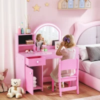AIYAPLAY Kids Vanity Table and Chair Set, Girls Dressing Table with 2-Colour LED Mirror, Stool, Cabinet, Drawer, Shelves, Pink(m-2)