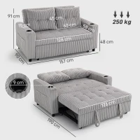 HOMCOM 2 Seater Click Clack Sofa Bed with Pull Out Design, Corduroy Upholstery - Light Grey(m-3)