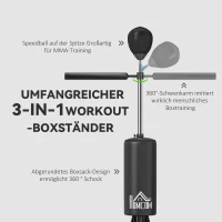 HOMCOM Boxsack Stehend mit Speedball, Reflexstange, Höhenverstellbar, für Erwachsene, 155-205cm, Schwarz(m-4)