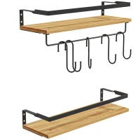 HOMCOM Lot de 2 étagères murales avec 6 crochets amovibles et tringle, style industriel pour cuisine, salle de bain, bois acier(m-12)