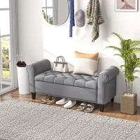HOMCOM Banc de rangement bout de lit avec accoudoirs, tissu effet velours rembourré et capitonné, 126 x 48,5 x 57 cm, gris(m-10)
