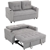 HOMCOM 2 Seater Click Clack Sofa Bed with Pull Out Design, Corduroy Upholstery - Light Grey(m-10)