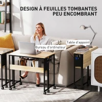 HOMCOM Bureau pliable sur roulettes 80 x 50 cm avec étagère et sac de rangement, chêne(m-4)