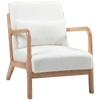 HOMCOM Fauteuil lounge - 3 coussins inclus - assise profonde - accoudoirs - structure bois hévéa - aspect velours crème(m-11)