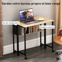 HOMCOM Bureau pliable sur roulettes 80 x 50 cm avec étagère et sac de rangement, chêne(m-5)