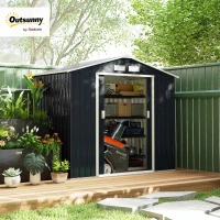 Outsunny 7ft x 4ft Lockable Garden Shed Large Patio Roofed Tool Metal Storage Building Foundation Sheds Box Outdoor Furniture, Dark Grey(m-2)