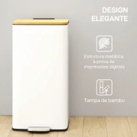 HOMCOM Balde de Lixo de Cozinha com Pedal 20L Tampa de Bambu com Fecho Suave 29,5x29,5x56,8 cm Branco e Madeira(m-7)