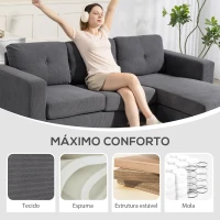 HOMCOM Sofá Chaise Longue Reversível Sofá de Canto em Forma de L de 3 Lugares Estofado em Veludo Cotelê 192x137x84 cm Cinzento Escuro(m-5)