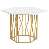Tavolo da pranzo esagonale moderno con gambe in metallo dorato, 115.5x100x75 cm, Bianco e Oro(m-7)