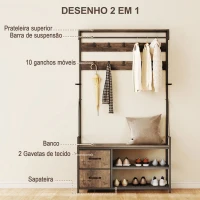 HOMCOM Móvel Cabide de Entrada com Banco 10 Ganchos 2 Gavetas e Barra para Pendurar Estilo Industrial 100x40x180 cm Castanho Rústico(m-4)