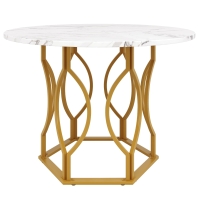 Mesa de comedor redonda para 4 personas, mesa de cocina con tablero de MDF y patas metálicas, 100x100x76 cm, Blanco+Oro