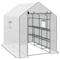 Outsunny Walk-in Greenhouse with 3 Tier Shelves, Outdoor Green House Garden Grow House with Reinforced PE Cover, Roll-up Door and Mesh Windows, 140 x 213 x 190cm, White(m-1)