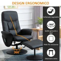HOMCOM Poltrona Massaggiante con Pouf Poggiapiedi, Reclinabile a 145° con Seduta Girevole e 10 Punti Massaggio, Nero(m-7)