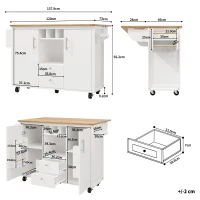 Îlot de cuisine avec table pliante, grand espace de rangement, casier à vin, porte-serviette et porte-épices, 137,9x45/73x92,2 cm, Blanc(m-3)