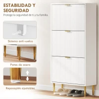 HOMCOM Zapatero Estrecho con 3 Puertas Acanaladas con Estantes Ajustables para 18 Pares de Zapatos 60x24x128 cm Blanco(m-7)