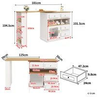 Bancone da bar allungabile con contenitore, girevole a 360°, MDF e vetro, 125-181x39x104,5 cm, Bianco(m-3)