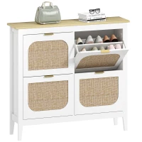 HOMCOM Meuble à chaussures 20 paires bohème avec 4 tiroirs rabattables, portes effet cannage rotin, 105 x 24 x 95,5 cm, blanc(m-11)