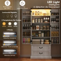 HOMCOM Buffet haut cuisine, armoire de cuisine, LED à capteur, 2 portes, tiroirs et étagères réglables, 76x39,5x183cm, blanc(m-4)