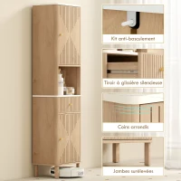 HOMCOM Armoire salle de bain haute meuble de rangement colonne avec tiroir coulissant silencieux 2 placards 41,5x30x168cm chêne(m-7)