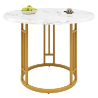 Tavolo rotondo da pranzo per 4 persone con gambe in metallo e piano in MDF, 80x80x76 cm, Bianco e Oro(m-8)