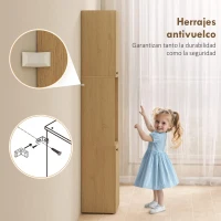 HOMCOM Armario de Baño Alto de 6 Niveles con 2 Puertas Estante de Vidrio Templado Estantes Ajustables 40x31x182 cm Roble(m-6)