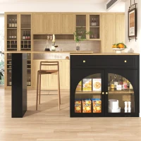 Bancone bar allungabile e girevole a 360° con scaffale laterale a 3 ripiani e ante in vetro, 138-204x39x104 cm, Nero(m-1)