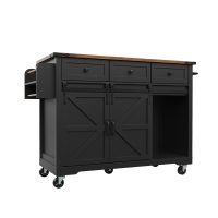 Îlot de cuisine avec plateau rabattable, chariot de service sur roulettes avec 2 portes coulissantes et 3 tiroirs, 140x45/73x94 cm, Noir