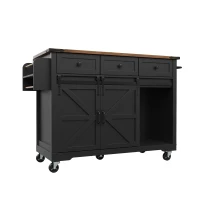 Kücheninsel mit klappbarer Tischplatte, Servierwagen auf Rollen mit 2 Schiebetüren und 3 Schubladen, 140 x 45/73 x 94 cm, Schwarz(m-1)