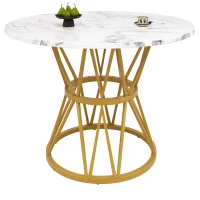 Tavolo da pranzo rotondo per 4 persone, gambe in metallo e piano in MDF, 100x100x76 cm, Bianco e Oro(m-8)