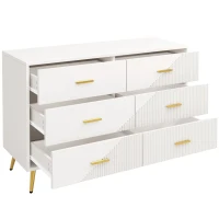 Buffet de salle à manger avec 6 tiroirs spacieux, portes d'armoire au design tridimensionnel et pieds dorés, 120x40x75 cm, Blanc(m-8)