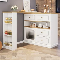 Bancone da bar allungabile con contenitore, girevole a 360°, MDF e vetro, 125-181x39x104,5 cm, Bianco(m-1)