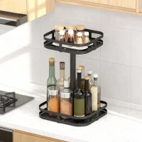 HOMCOM Portaspezie girevole, design a 2 livelli, piedini a ventosa, metallo, Nero(m-5)