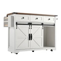 Îlot de cuisine avec plateau rabattable, chariot de service sur roulettes avec 2 portes coulissantes et 3 tiroirs, 140x45/73x94 cm, Beige(m-2)