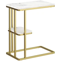 HOMCOM C-Shaped Narrow Side Table, 2-Tier Slim End Table, Nightstand for Small Spaces, Living Room, Bedroom, White Marble Grain(m-1)