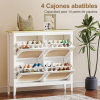 HOMCOM Zapatero Estrecho con 4 Puertas de Ratán Estantes Ajustables para 20 Pares de Zapatos 105x24x95,5 cm Blanco(m-5)
