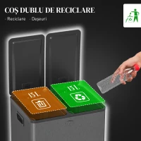 HOMCOM Coș de bucătărie dublu, 2 x 20L, cu pedală, capac cu închidere moale, găleți interioare detașabile, rezistent la amprente, Argintiu(m-4)