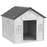 PawHut Casa para Perros 65x75,7x63 cm con Patrón de Ventana y Techo de Tejas de Imitación para Perros Medianos Gris y Blanco(m-1)