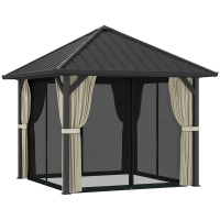 Outsunny 3 x 3 m Hartdach-Pavillon, Gartenpavillon mit Metalldach, Wasserfestes Gartenzelt mit Netz und Seitenwänden, Dunkelgrau