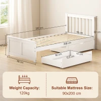 HOMCOM Struttura letto singolo, Telaio in legno, Cassetti su ruote, 90 x 200 cm, Bianco(m-3)