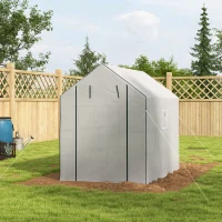 Outsunny Walk-in Greenhouse with 3 Tier Shelves, Outdoor Green House Garden Grow House with Reinforced PE Cover, Roll-up Door and Mesh Windows, 140 x 213 x 190cm, White(m-8)