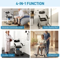 HOMCOM Scaun WC cu Rotile, Suport pentru Picioare Pliabil și Cotiere, 53x97x97 cm, Negru(m-4)