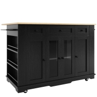 Isla de cocina con tablero abatible, carrito de comedor con vetas de madera y vidrio templado, 151,5x60/85x91,7 cm, Negro