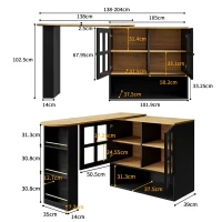 Bancone da bar girevole a 360° con ripiano per snack e 5 scaffali, 138-204x39x102,5 cm, Nero(m-3)