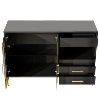 Buffet moderne avec porte en verre couleur sarcelle, cloisons réglables et pieds en fer dorés, 120x39,5x84 cm, Noir(m-9)