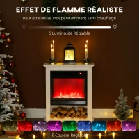 HOMCOM Cheminée électrique 1800W, fausse cheminée décorative, effet flamme à 9 couleurs et 5 luminosité, 62,5x20x72,5cm, blanc(m-4)