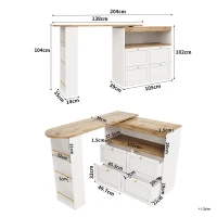 Bancone bar girevole a 360°, mobile modulare a L con 4 cassetti e ripiani aperti, Bianco(m-3)