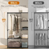 HOMCOM Armoire de rangement, penderie en tissu avec barre de suspension et étagères, 182 x 43 x 185 cm, noir(m-4)