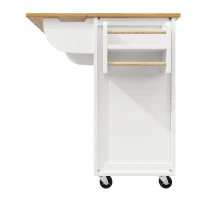 Îlot de cuisine avec table pliante, grand espace de rangement, casier à vin, porte-serviette et porte-épices, 137,9x45/73x92,2 cm, Blanc(m-7)
