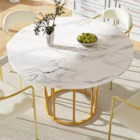 Tavolo da pranzo rotondo per 4 persone con piano in MDF e gambe in metallo, 80x80x76 cm, Bianco e Oro(m-4)